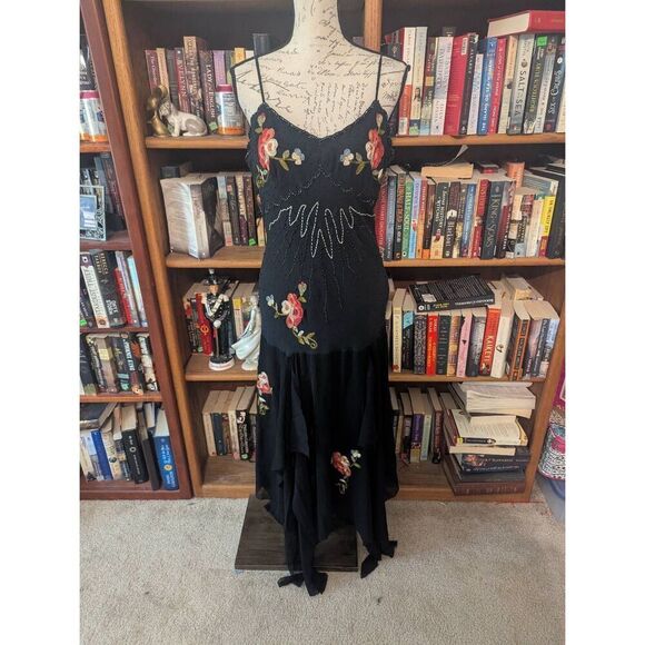Cache Dresses & Skirts - Vtg Cache 90s Y2K Black Gloral embroidered beaded silk maxi Dress Fairycore 12